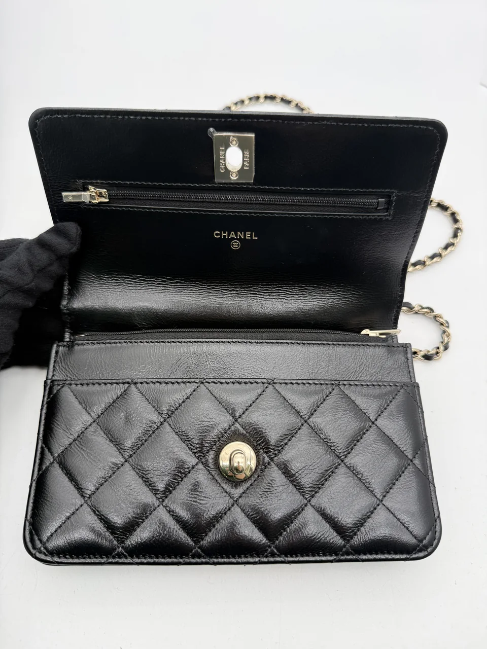 CHANEL LAMB SKIN TOP HANDLE WALLET-ON-CHAIN view 12