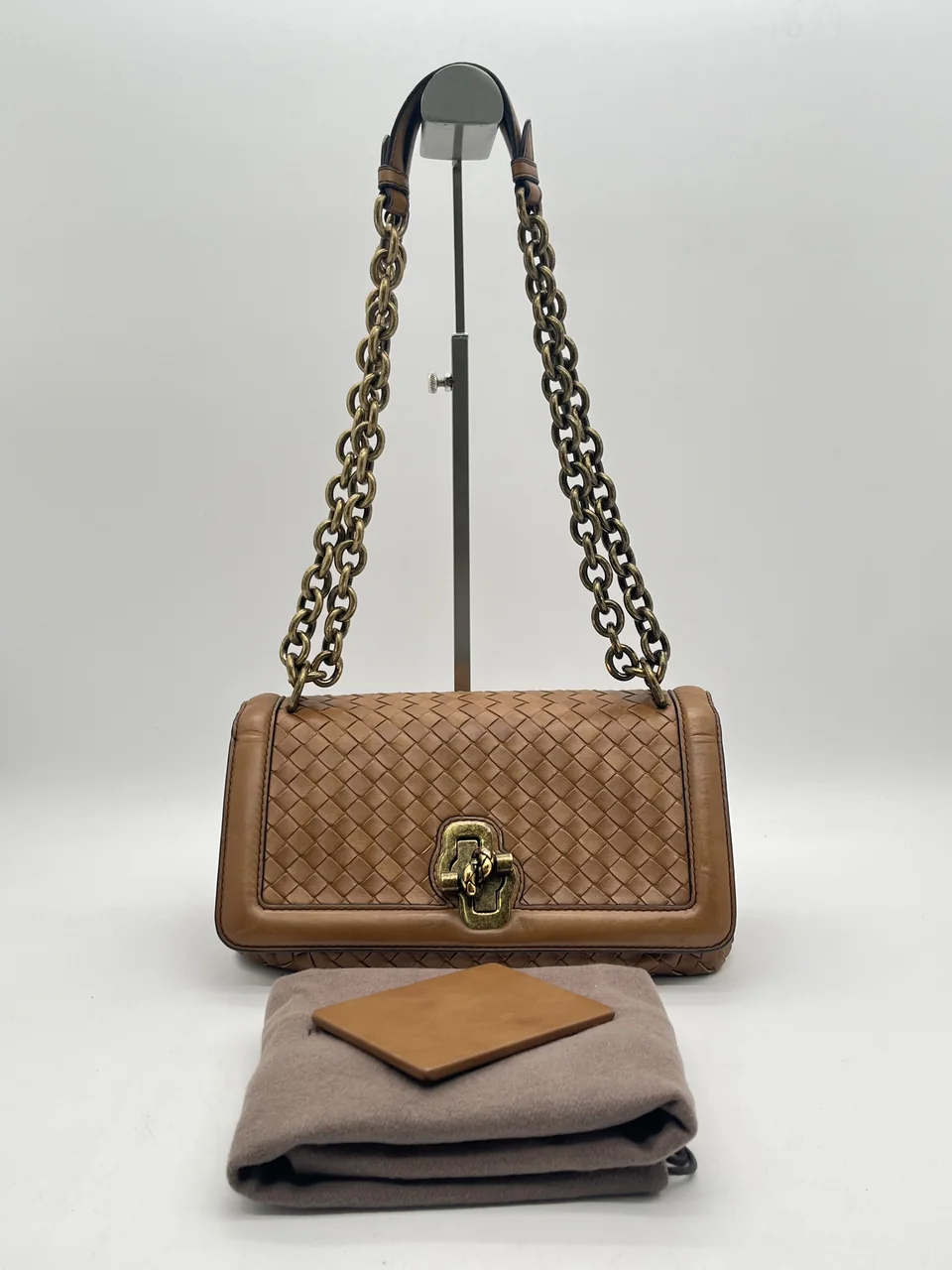 BOTTEGA VENETA INTRECCIATO CHAIN SHOULDER BAG (BROWN)