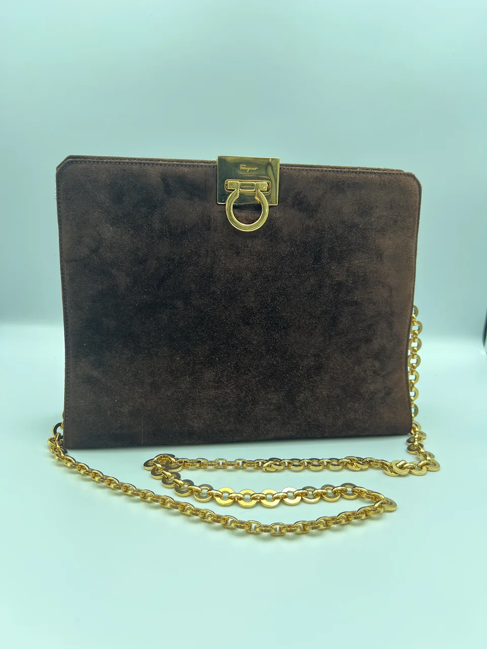 SALVATORE FERRAGAMO GANCINI BROWN SUEDE SHOULDER BAG