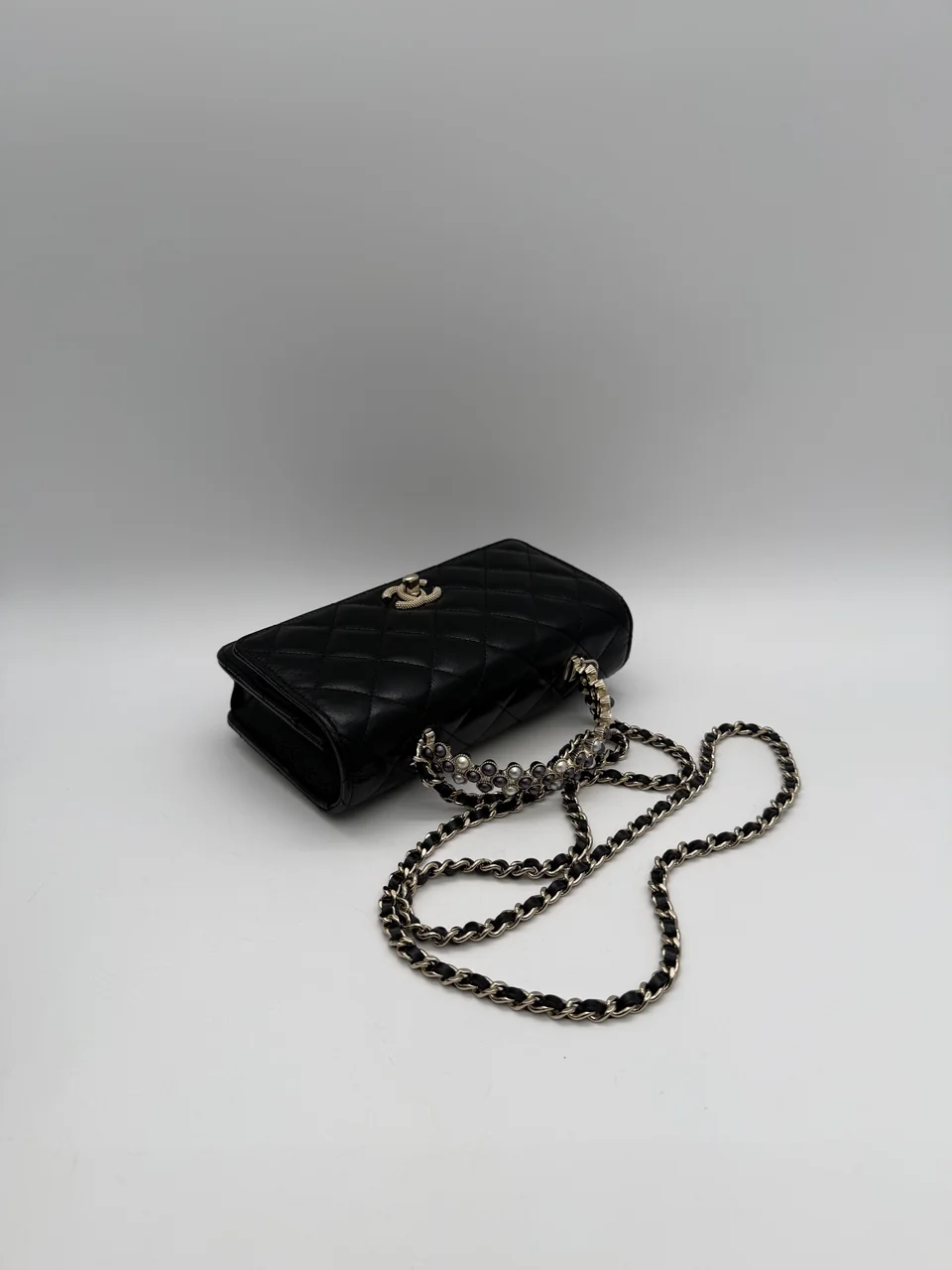 CHANEL LAMB SKIN TOP HANDLE WALLET-ON-CHAIN view 11