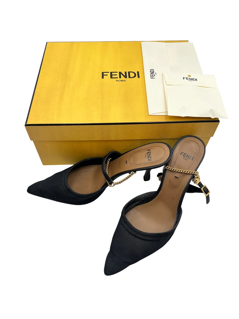 FENDI CHAIN STRAP HEEL SANDALS (SIZE 36 1/2)