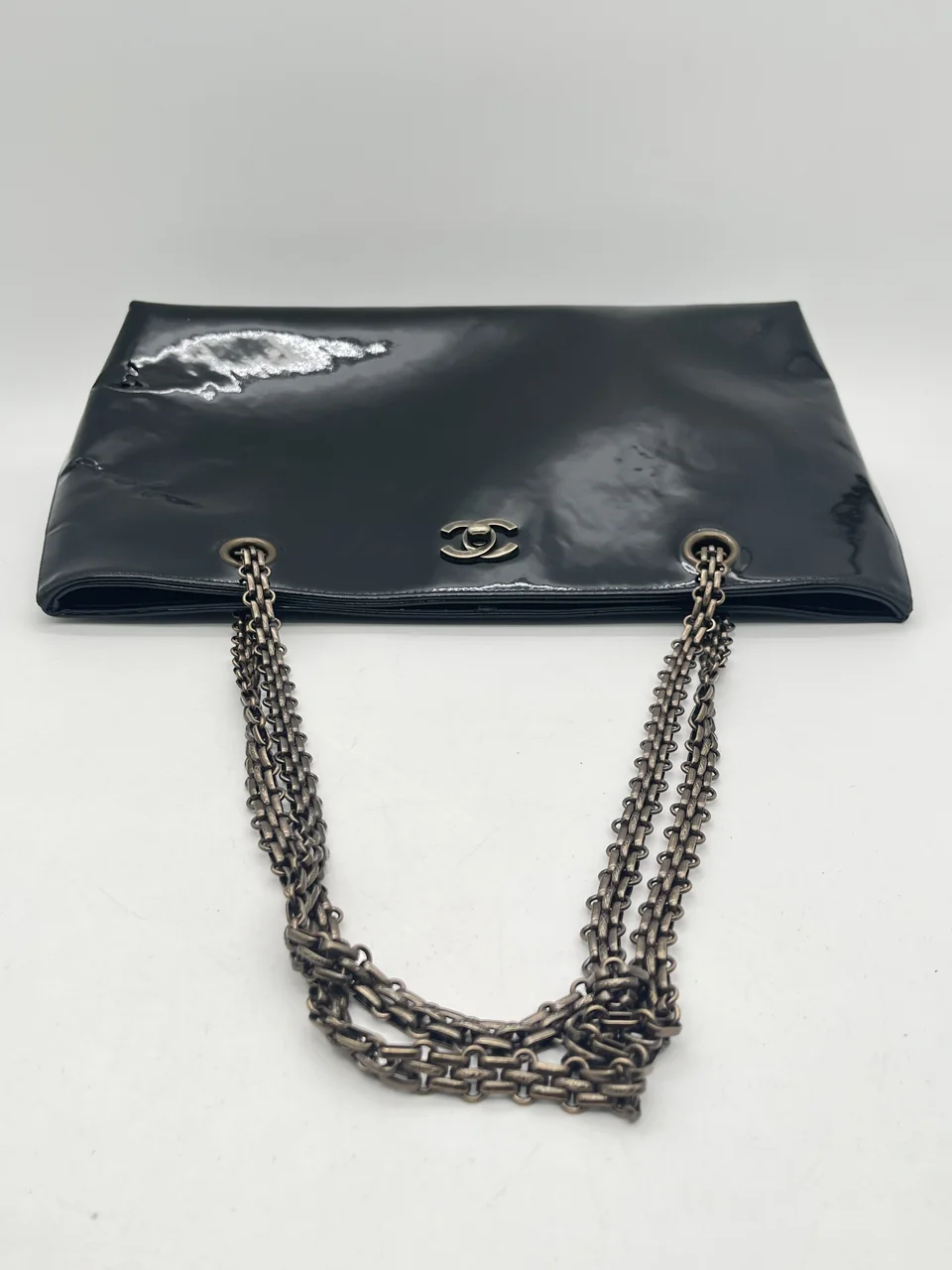 CHANEL PATENT CHAIN TOTE view 3