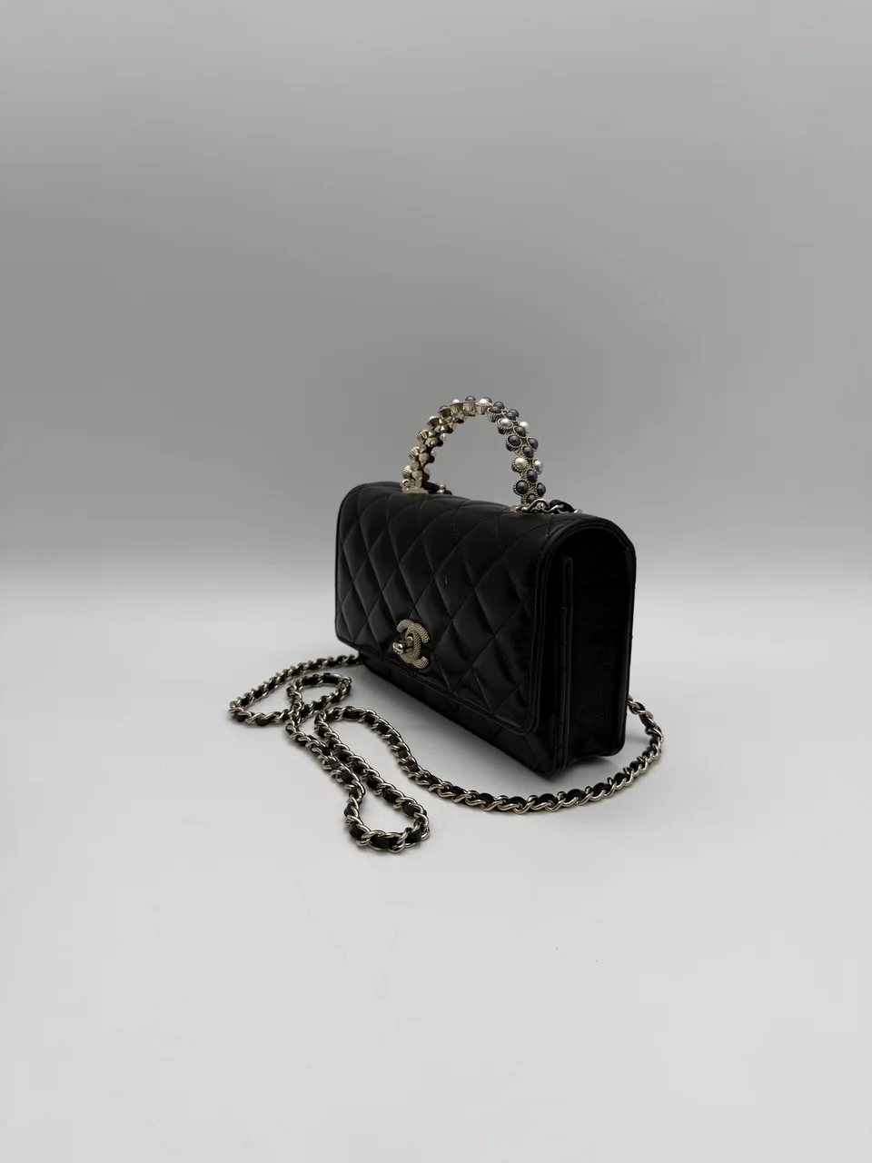 CHANEL LAMB SKIN TOP HANDLE WALLET-ON-CHAIN view 4