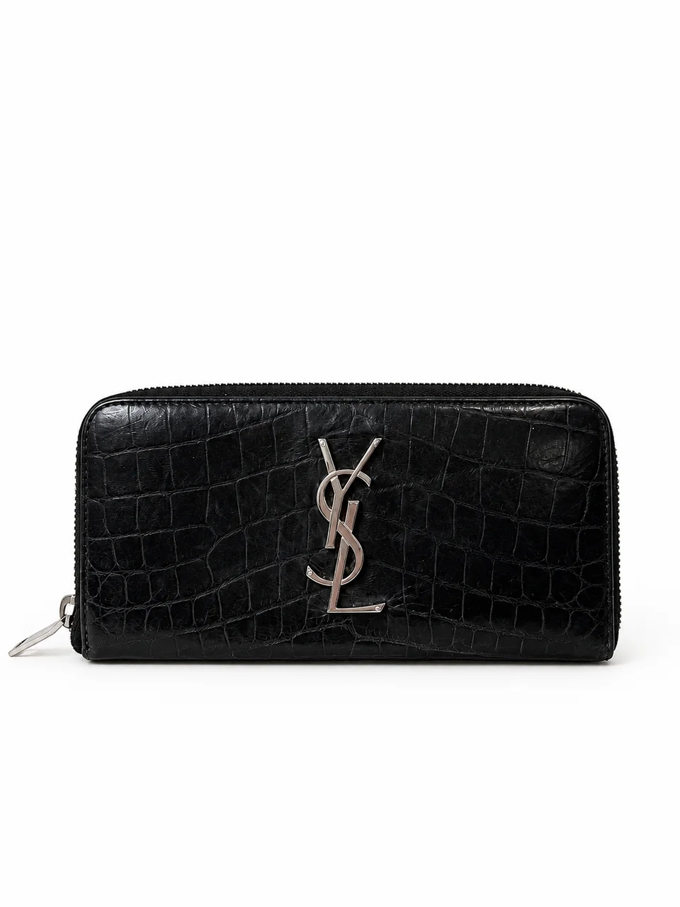 SAINT LAURENT CROC EMBOSSED LONG WALLET (BLACK)