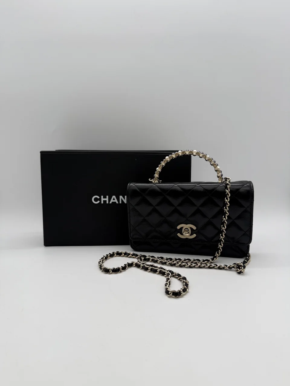 CHANEL LAMB SKIN TOP HANDLE WALLET-ON-CHAIN